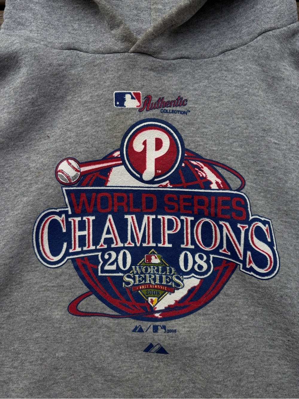 Vintage Philadelphia Phillies 2008 World Champions Majestic Hoodie Gray Mens XL - Picture 6 of 11